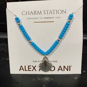 Alex and Ani Blue Beaded Necklace with Silver Shell Pendant
